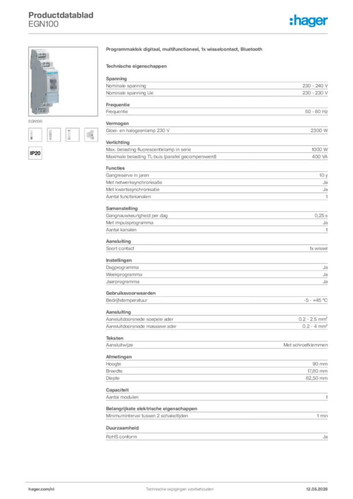 Afbeelding Hager Productdatablad EGN100 | Hager Nederland