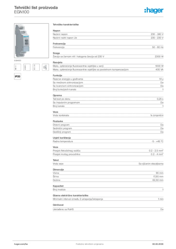 Slika Hager Tehnički list proizvoda EGN100  | Hager