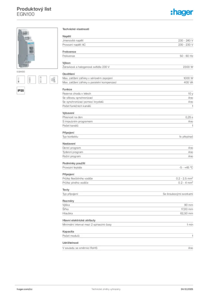 Obrázek Hager Product data sheet EGN100 | Hager