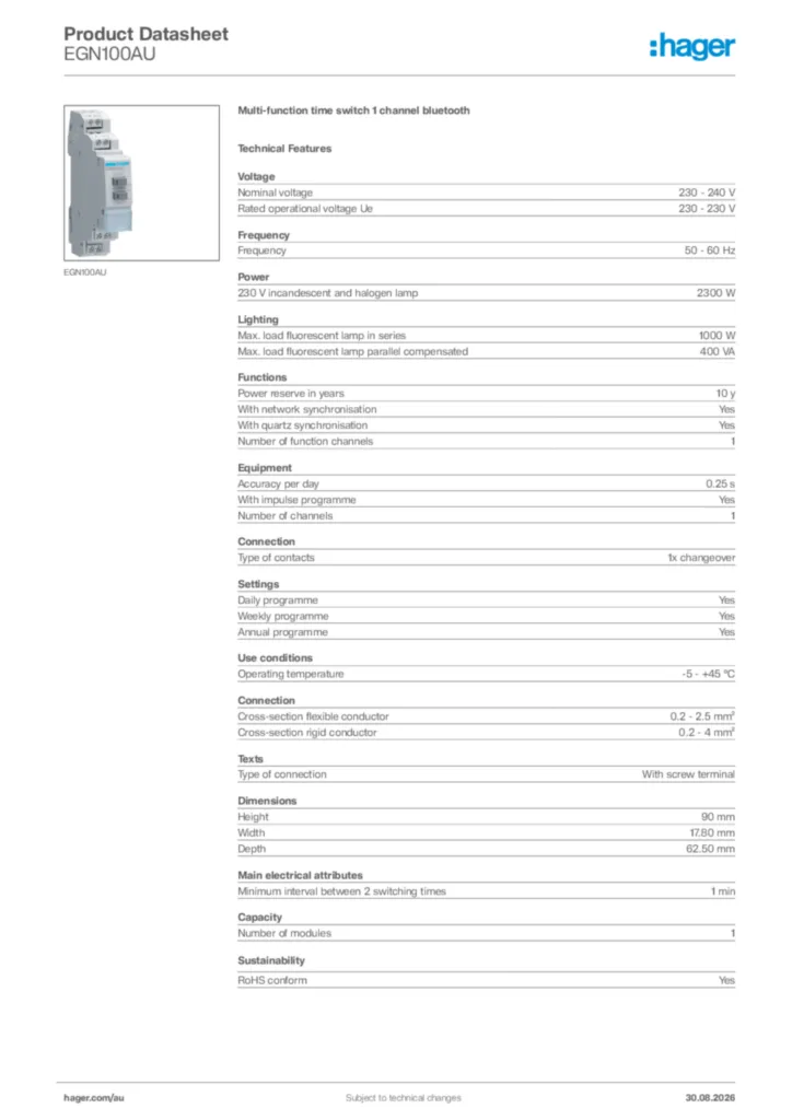 Image Hager Product data sheet EGN100AU  | Hager Australia