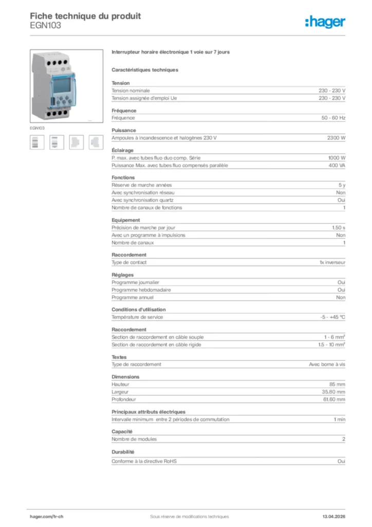 Image Hager Fiche technique du produit EGN103 | Hager Suisse