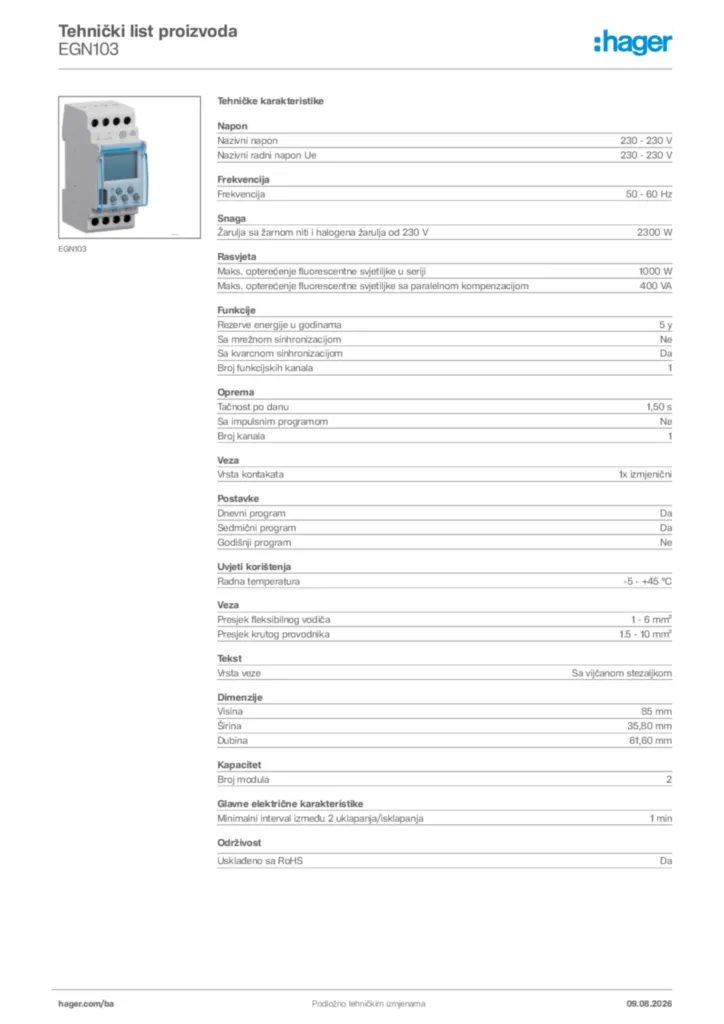 Slika Hager Tehnički list proizvoda EGN103  | Hager