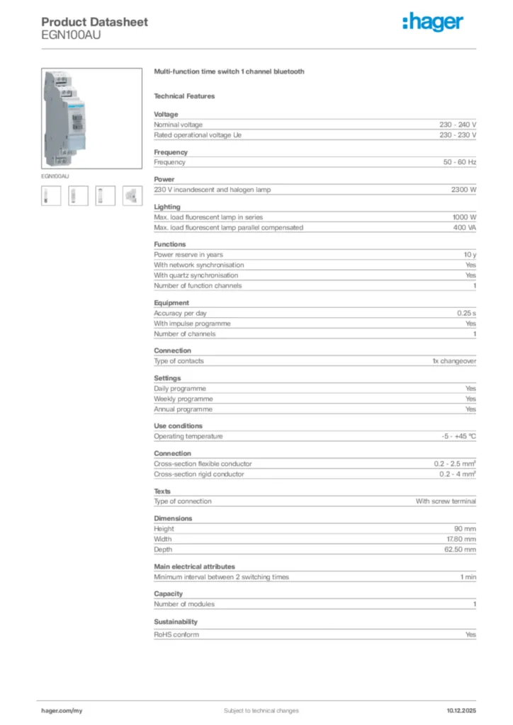 Image Hager Product data sheet EGN100AU  | Hager