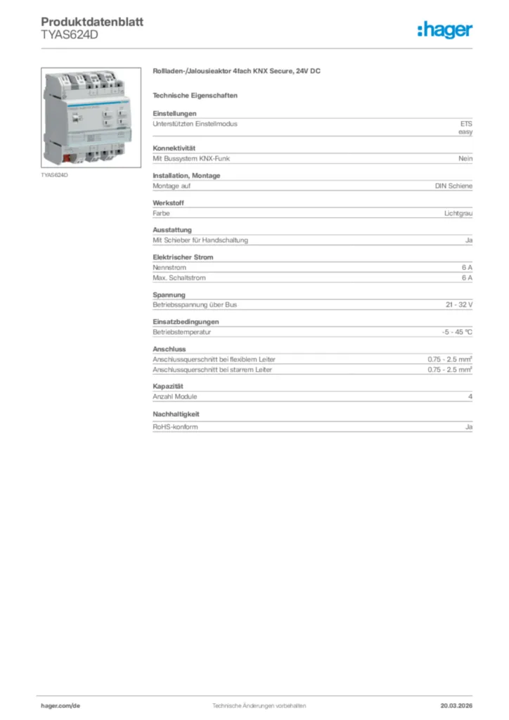Bild Hager Produktdatenblatt TYAS624D | Hager Deutschland