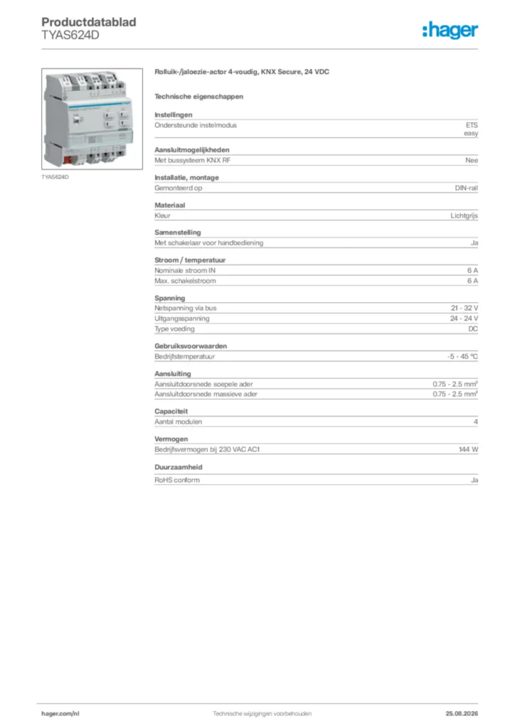 Afbeelding Hager Productdatablad TYAS624D | Hager Nederland