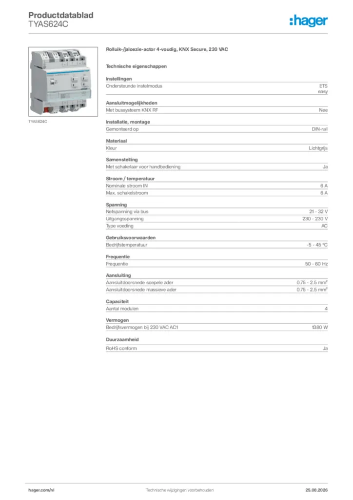 Afbeelding Hager Productdatablad TYAS624C | Hager Nederland