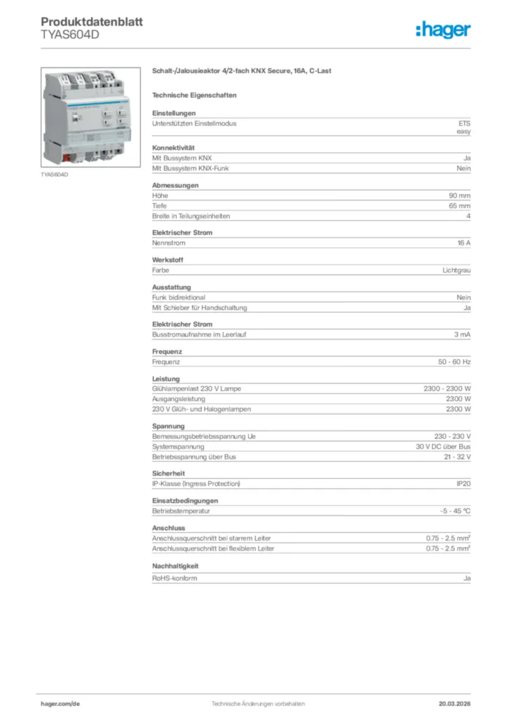 Bild Hager Produktdatenblatt TYAS604D | Hager Deutschland