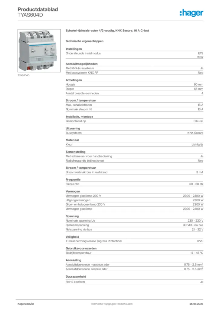Afbeelding Hager Productdatablad TYAS604D | Hager Nederland