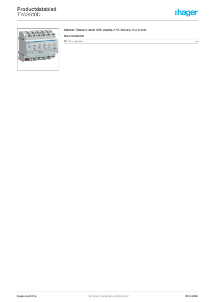 Afbeelding Hager Productdatablad TYAS610D | Hager Belgium
