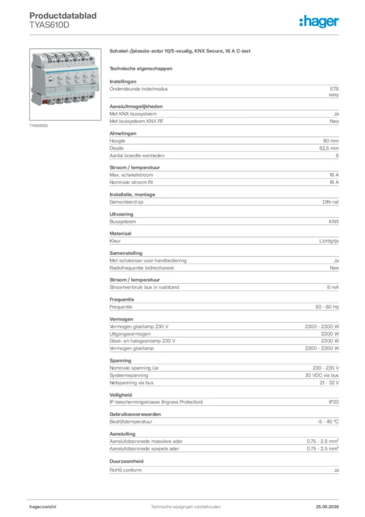 Afbeelding Hager Productdatablad TYAS610D | Hager Nederland
