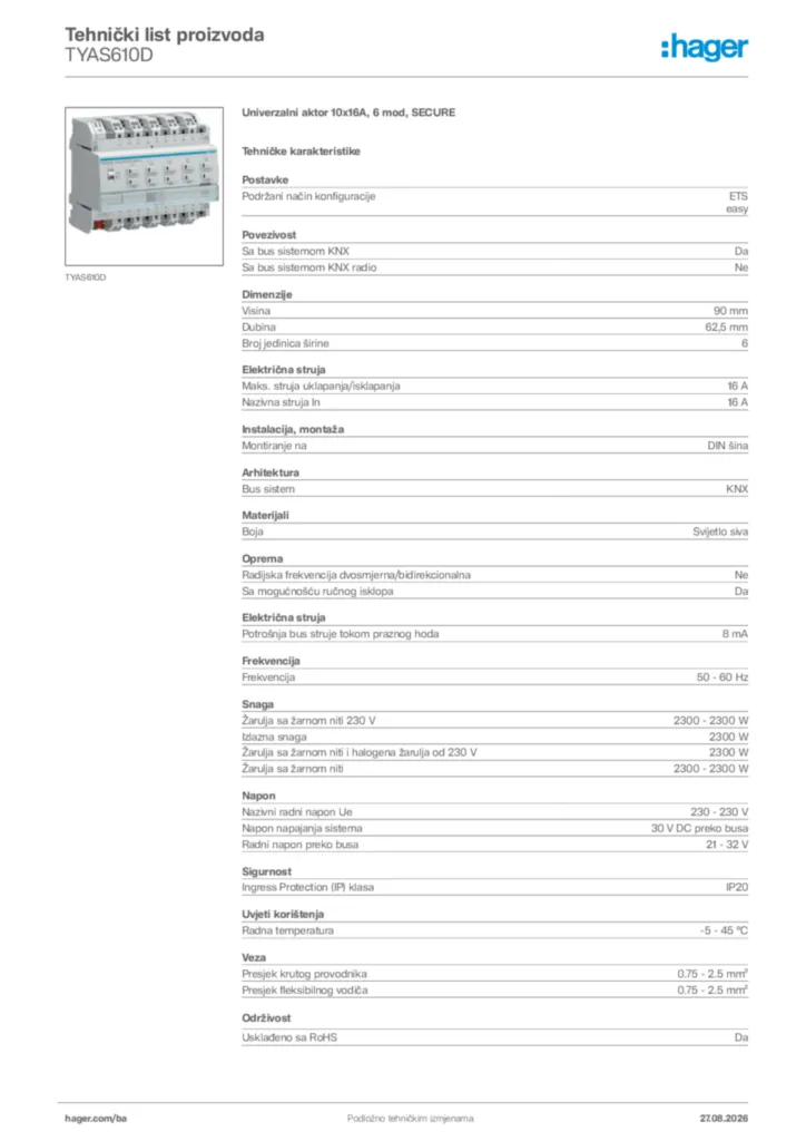 Slika Hager Tehnički list proizvoda TYAS610D  | Hager