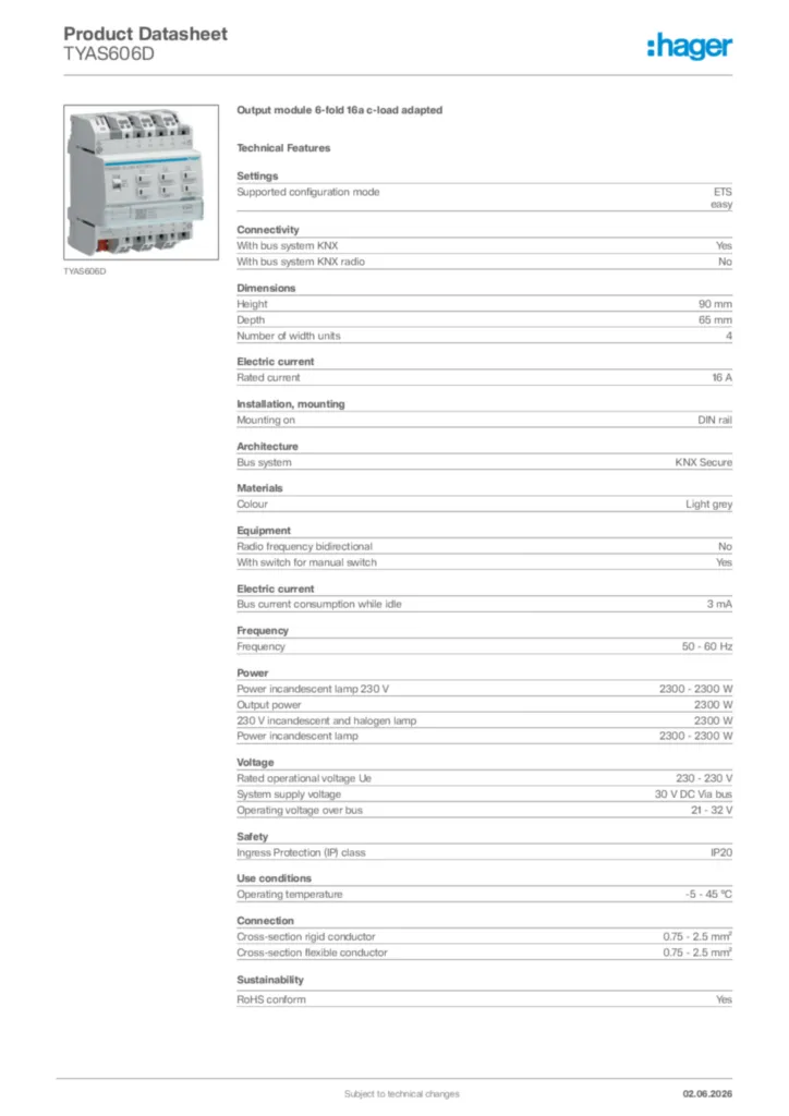 Image Hager Product data sheet TYAS606D  | Hager Africa