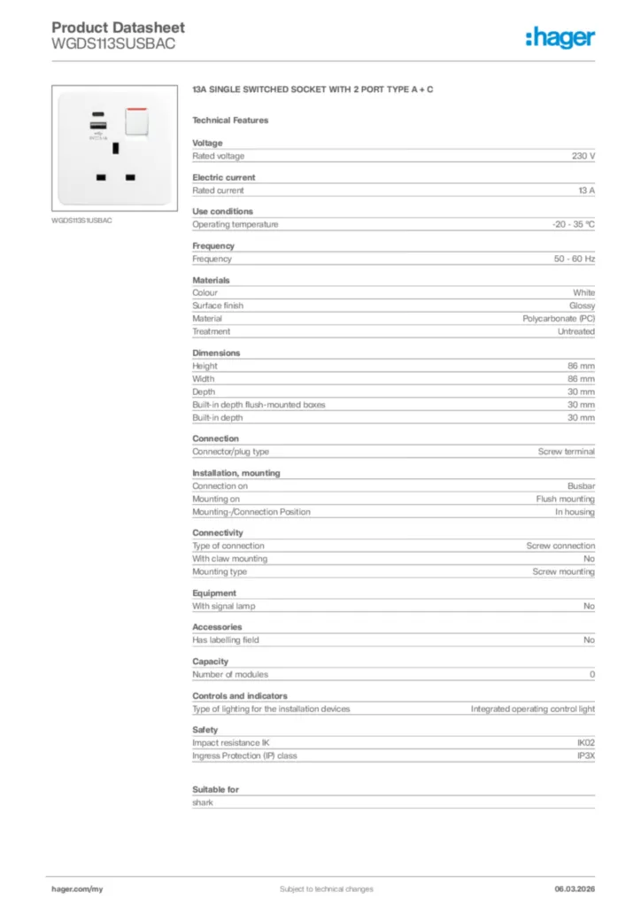 Image Hager Product data sheet WGDS113SUSBAC  | Hager