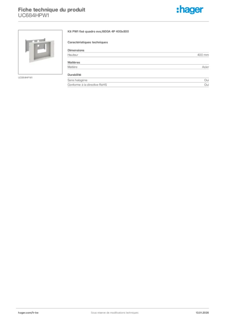 Image Hager Fiche technique du produit UC684HPW1 | Hager Belgique