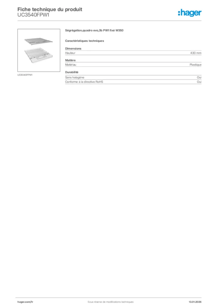 Image Hager Fiche technique du produit UC3540FPW1 | Hager France