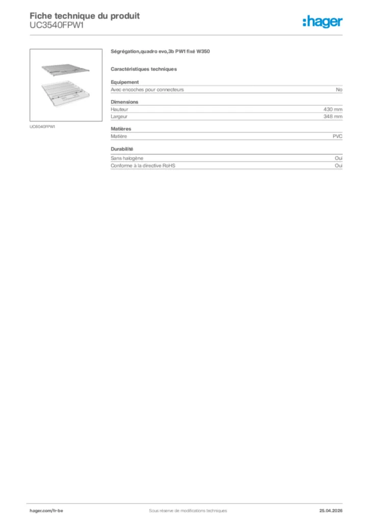 Image Hager Fiche technique du produit UC3540FPW1 | Hager Belgique