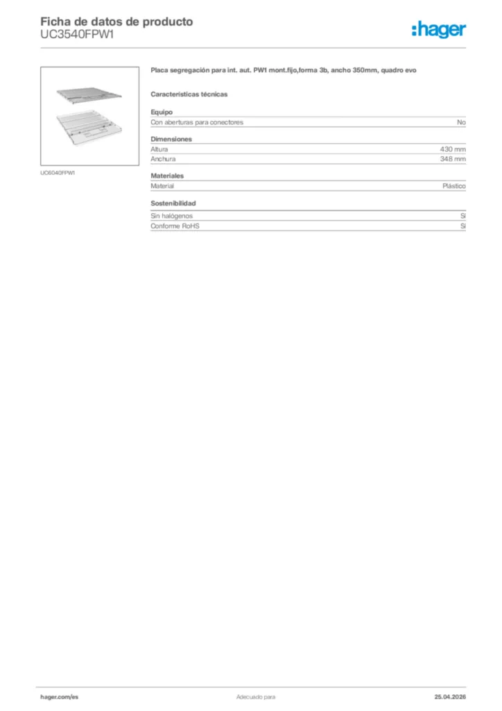 Imagen Hager Ficha de datos de producto UC3540FPW1 | Hager España