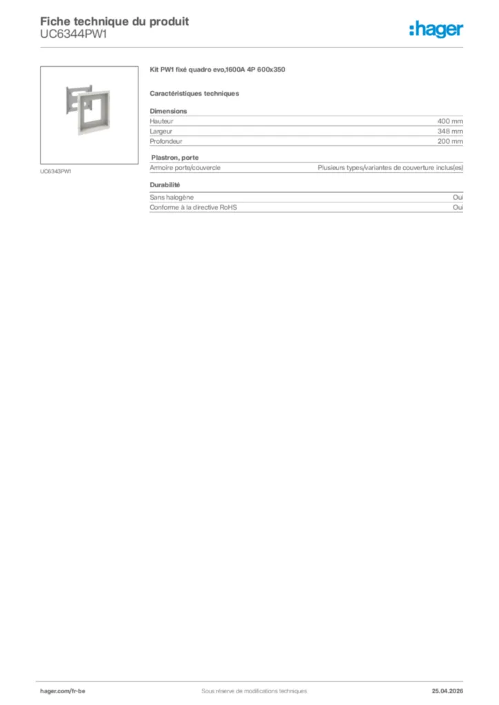 Image Hager Fiche technique du produit UC6344PW1 | Hager Belgique