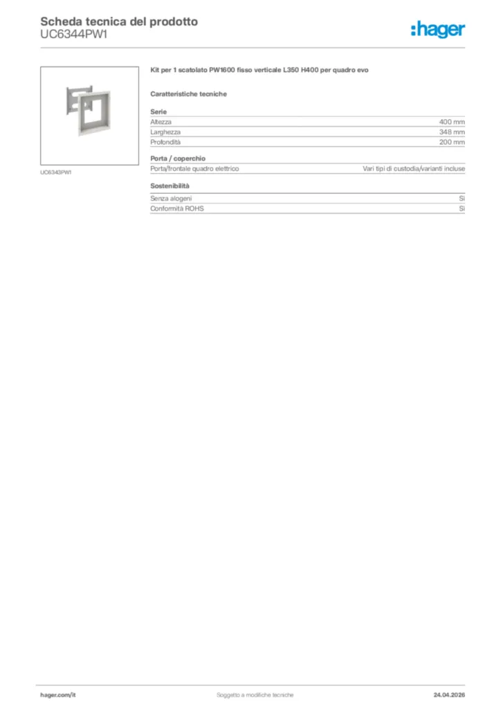 Immagine Hager Scheda tecnica del prodotto UC6344PW1 | Hager Italia
