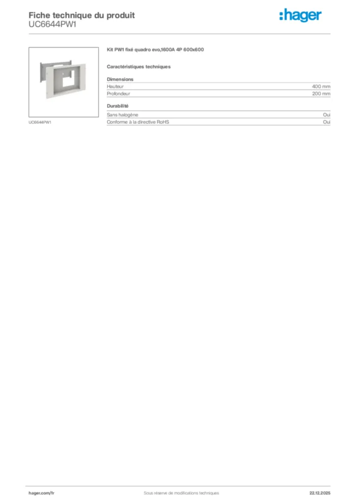 Image Hager Fiche technique du produit UC6644PW1 | Hager France