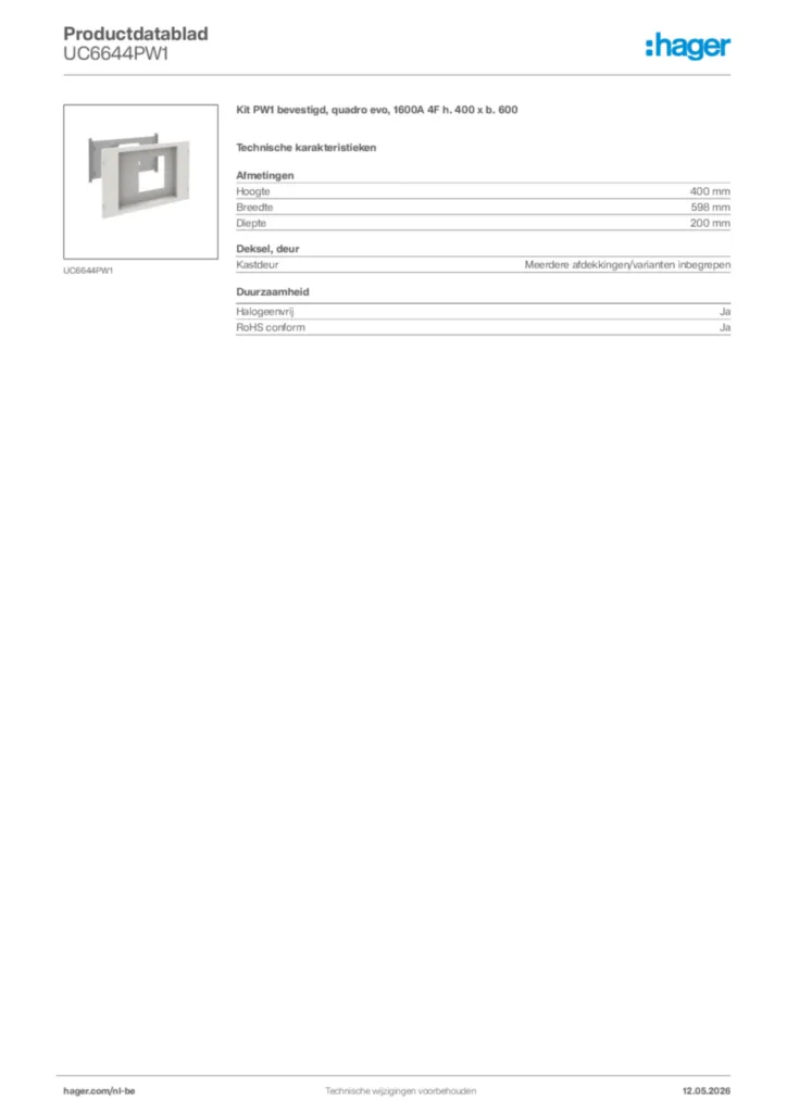 Afbeelding Hager Productdatablad UC6644PW1 | Hager Belgium