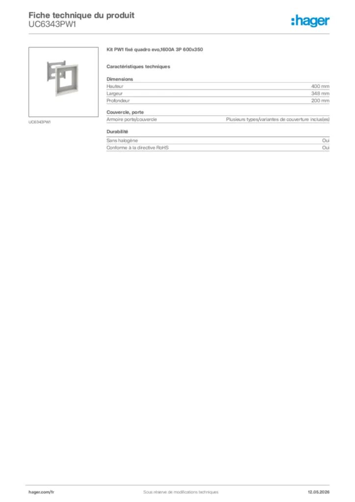 Image Hager Fiche technique du produit UC6343PW1 | Hager France
