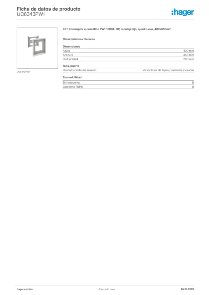 Imagen Hager Ficha de datos de producto UC6343PW1 | Hager España