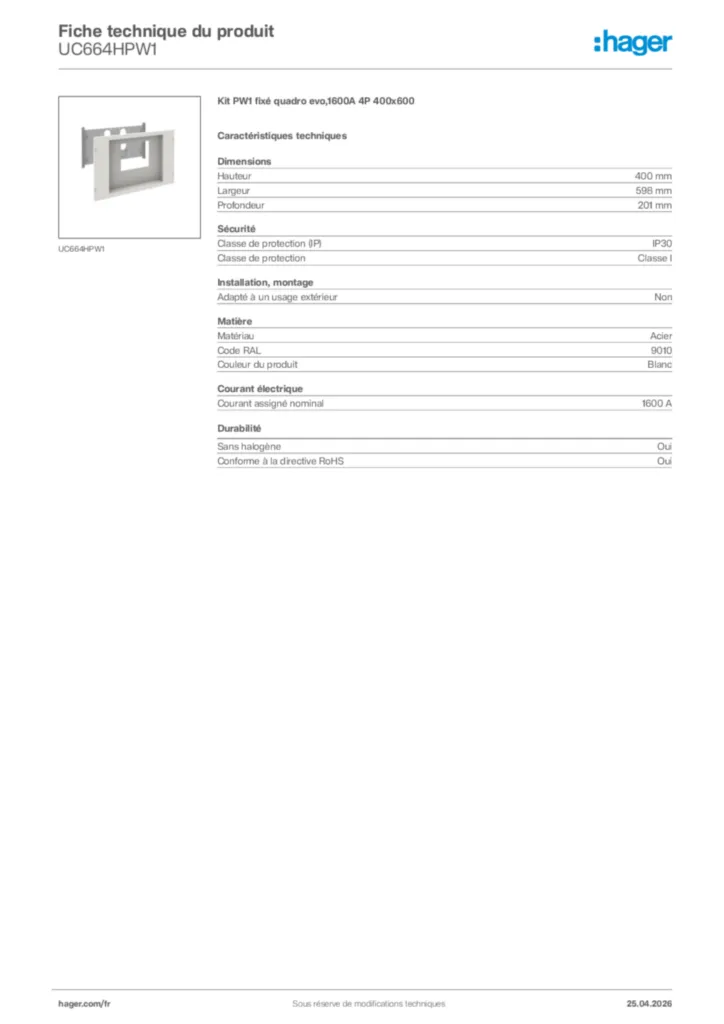 Image Hager Fiche technique du produit UC664HPW1 | Hager France