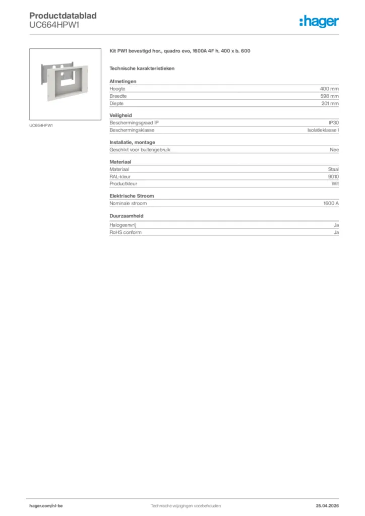 Afbeelding Hager Productdatablad UC664HPW1 | Hager Belgium