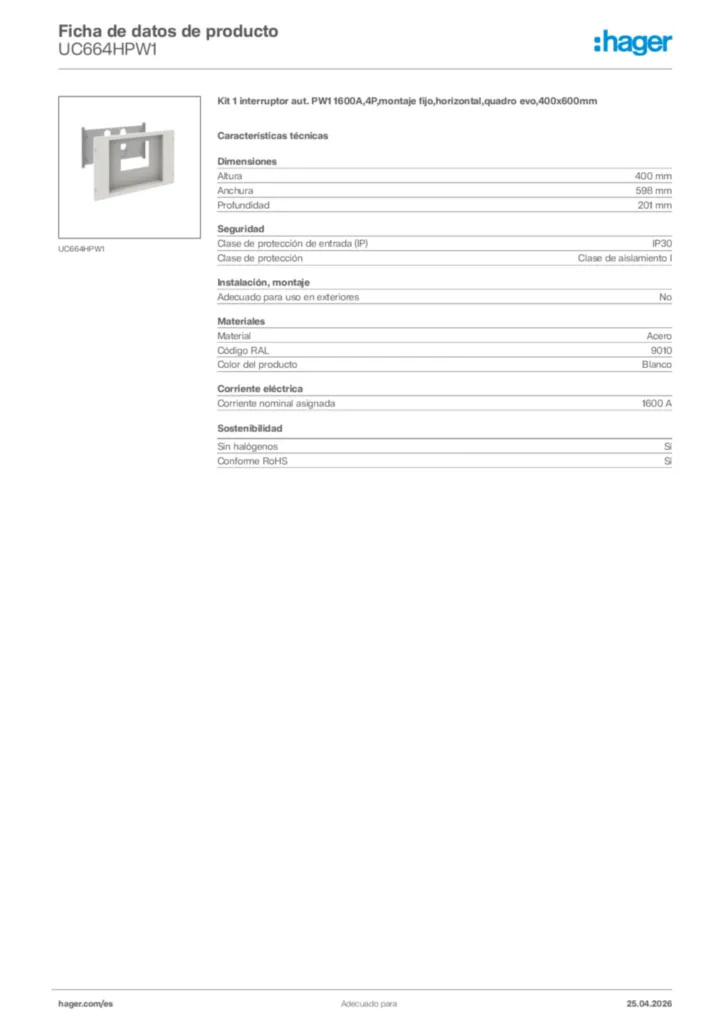 Imagen Hager Ficha de datos de producto UC664HPW1 | Hager España