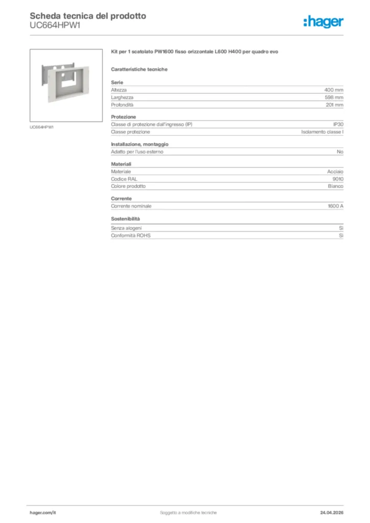 Immagine Hager Scheda tecnica del prodotto UC664HPW1 | Hager Italia