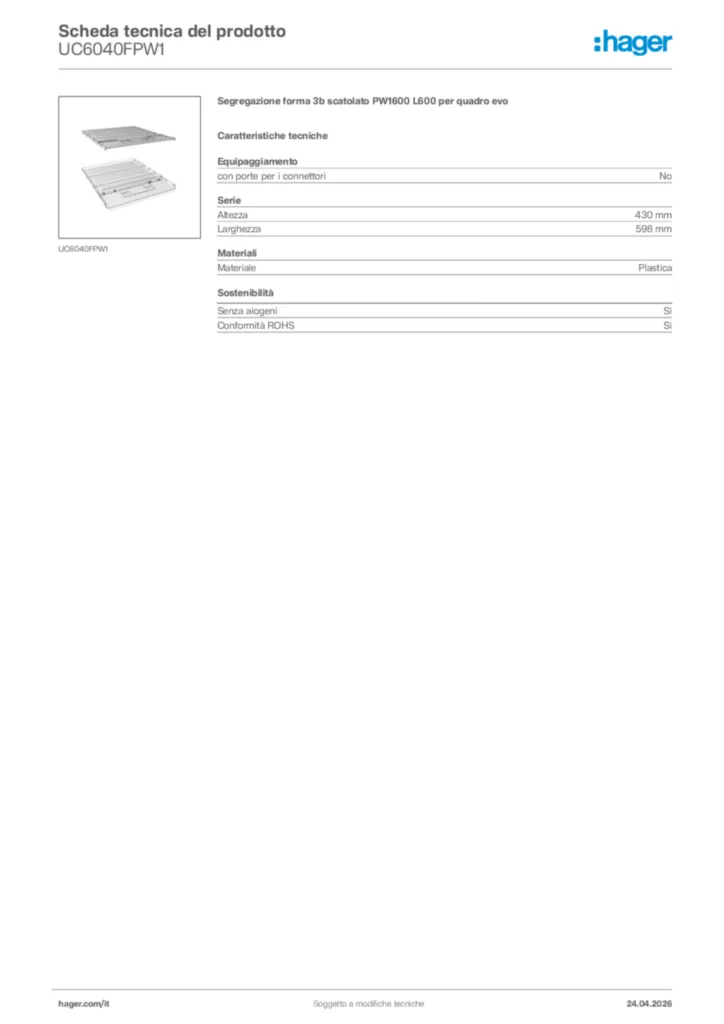 Immagine Hager Scheda tecnica del prodotto UC6040FPW1 | Hager Italia