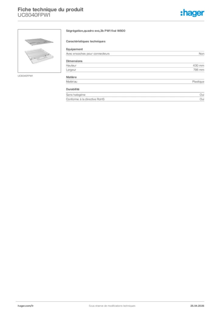 Image Hager Fiche technique du produit UC8040FPW1 | Hager France