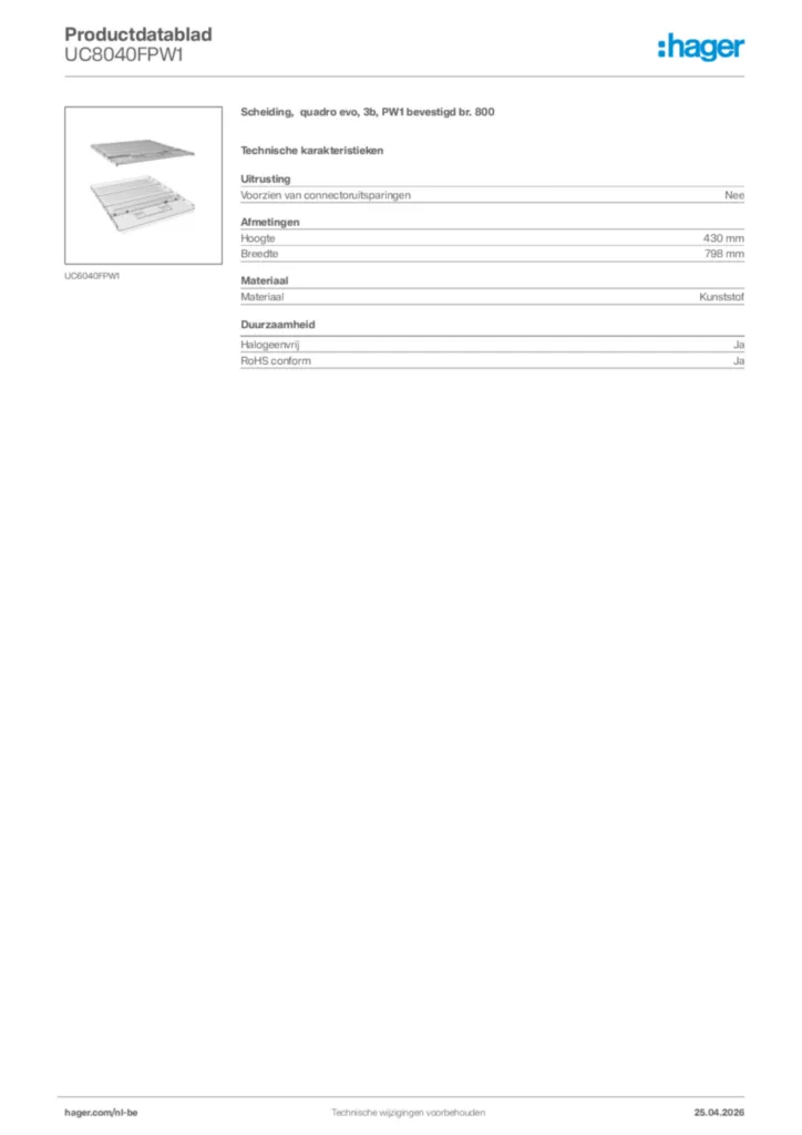 Afbeelding Hager Productdatablad UC8040FPW1 | Hager Belgium