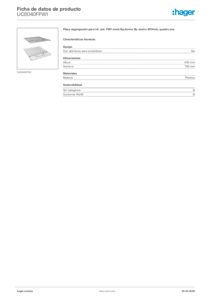 Imagen Hager Ficha de datos de producto UC8040FPW1 | Hager España