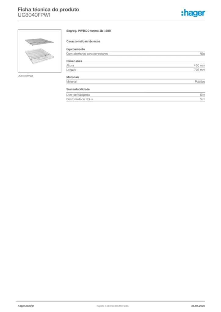 Imagem Hager Ficha técnica do produto UC8040FPW1 | Hager Portugal