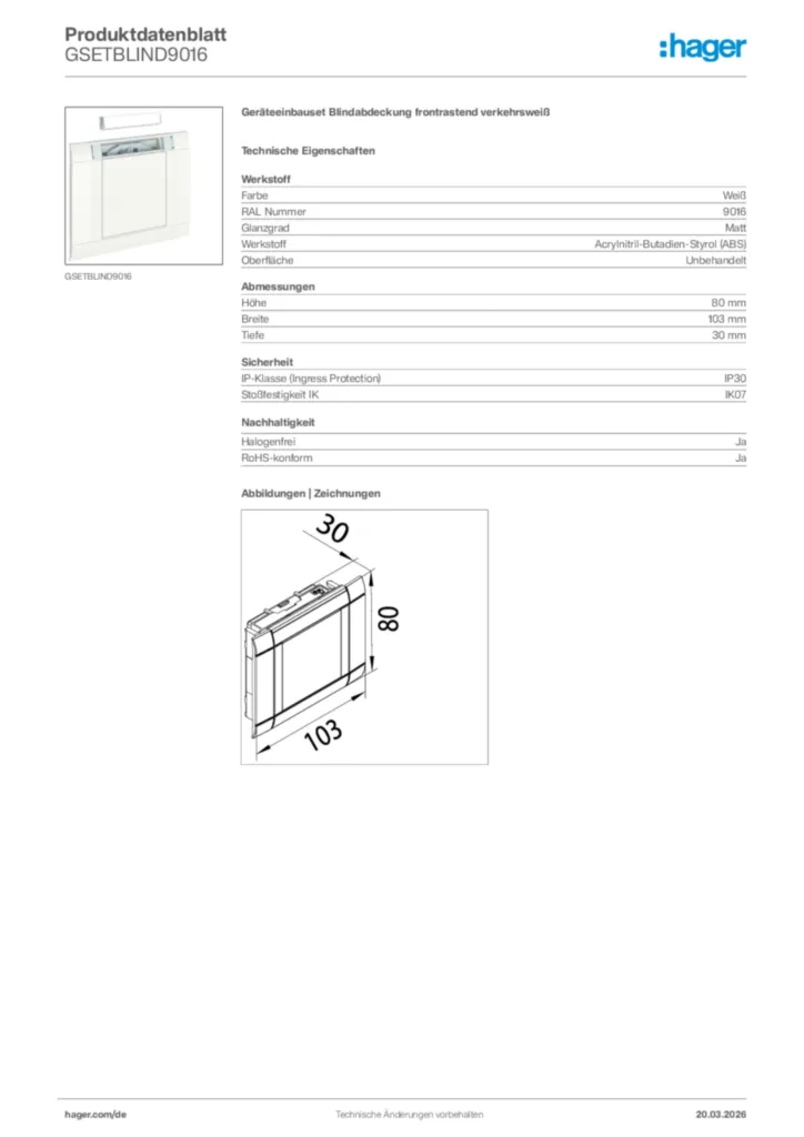 Bild Hager Produktdatenblatt GSETBLIND9016 | Hager Deutschland