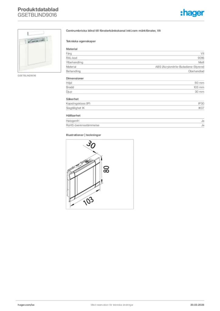Bild Hager Produktdatablad GSETBLIND9016 | Hager Sverige
