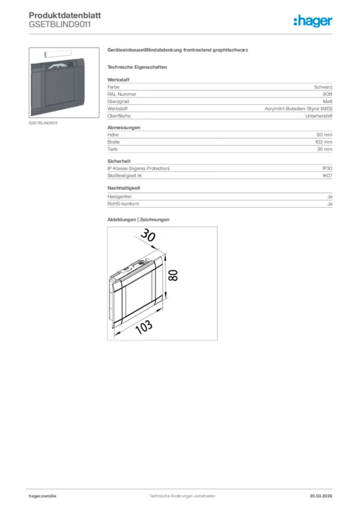 Bild Hager Produktdatenblatt GSETBLIND9011 | Hager Deutschland
