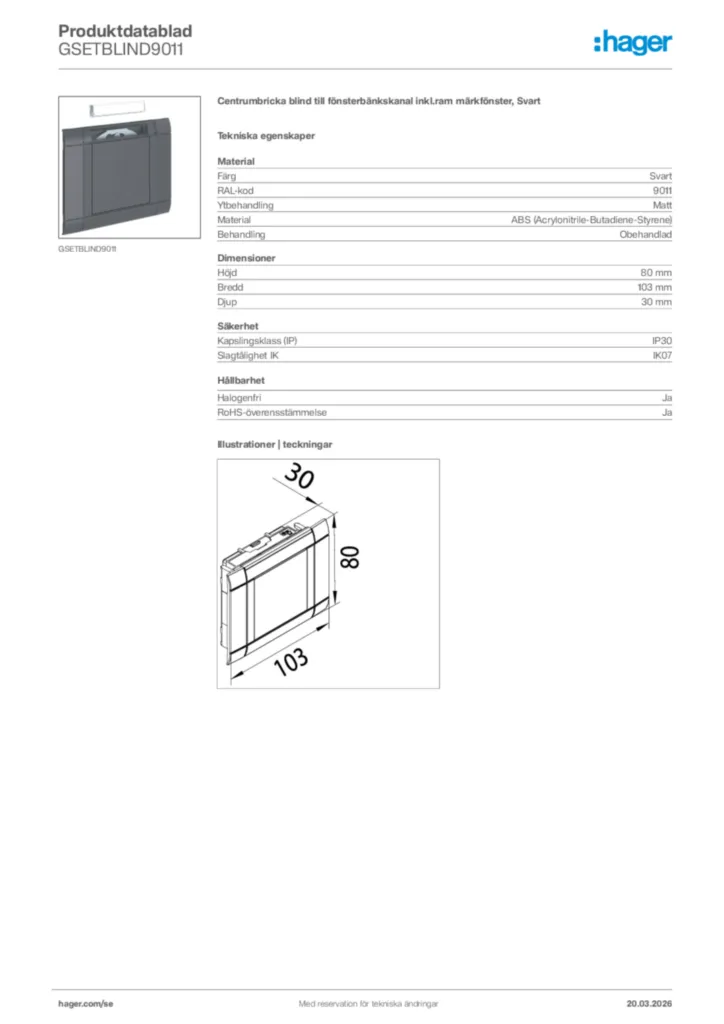 Bild Hager Produktdatablad GSETBLIND9011 | Hager Sverige