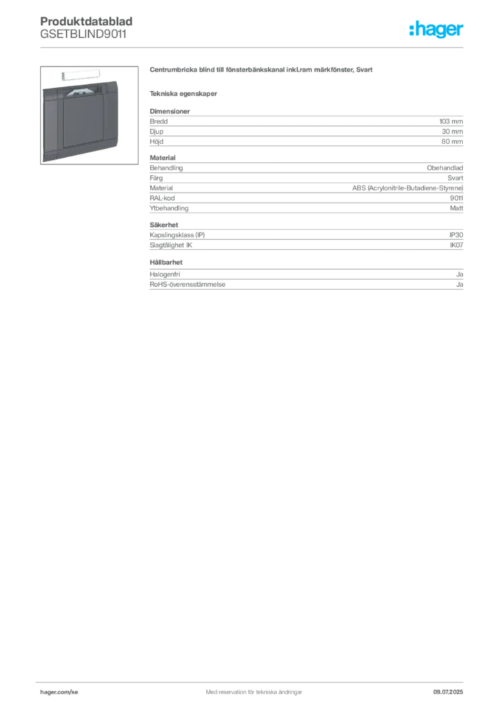 Bild Hager Produktdatablad GSETBLIND9011 | Hager Sverige