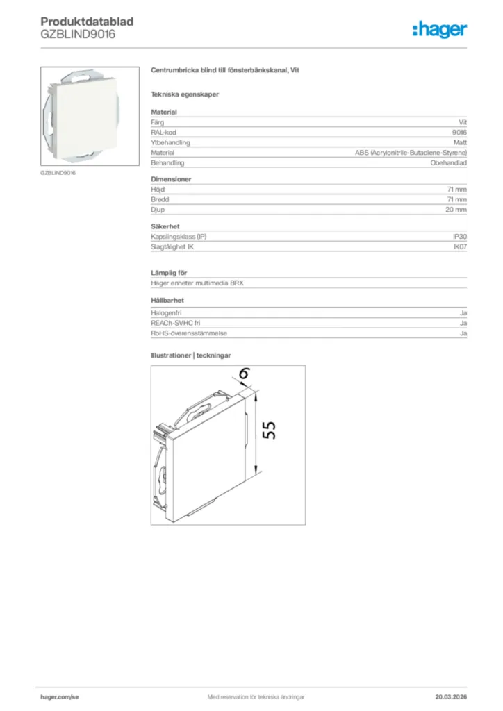 Bild Hager Produktdatablad GZBLIND9016 | Hager Sverige