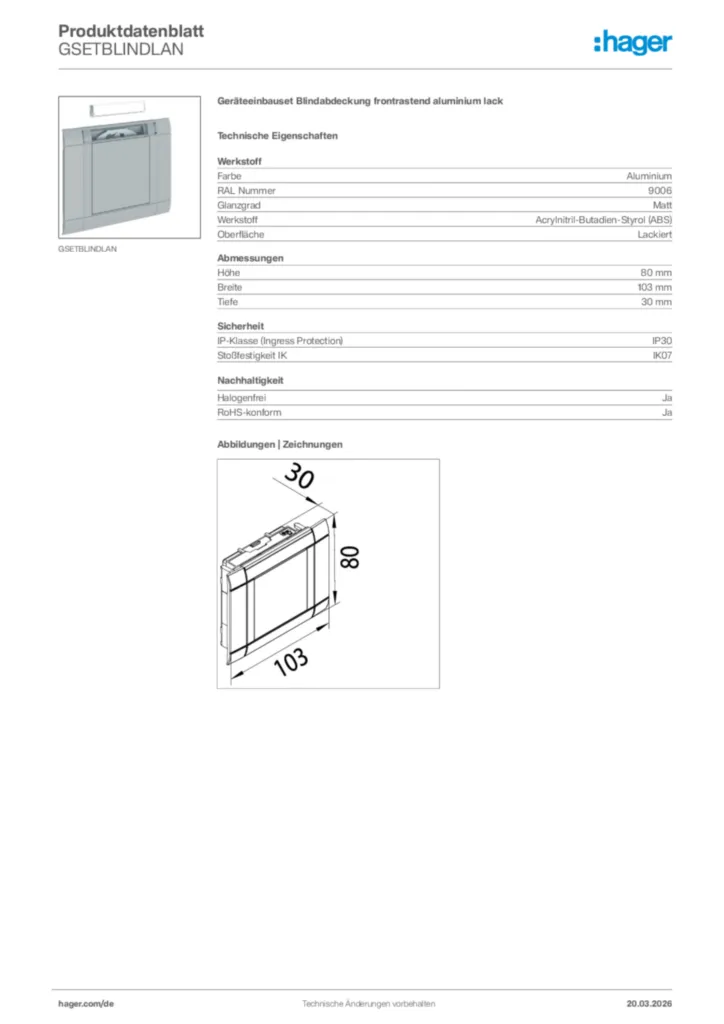 Bild Hager Produktdatenblatt GSETBLINDLAN | Hager Deutschland
