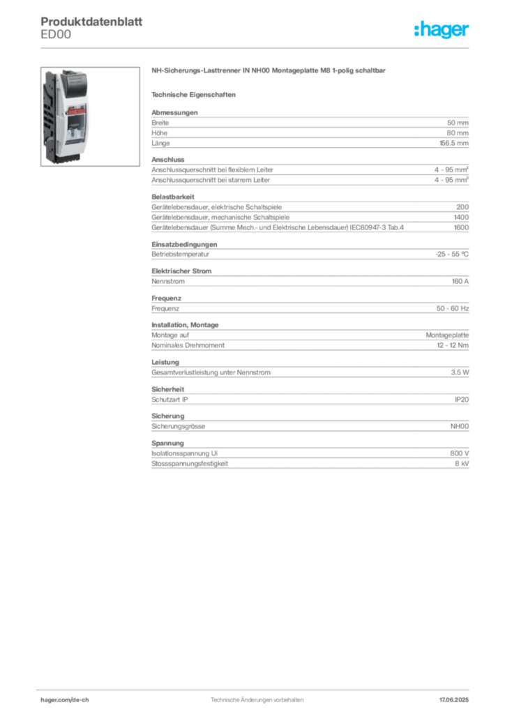 Bild Hager Produktdatenblatt ED00 | Hager Schweiz