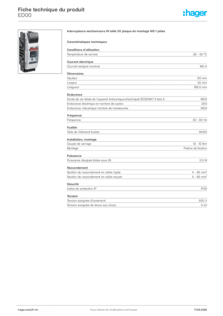 Image Hager Fiche technique du produit ED00 | Hager Suisse