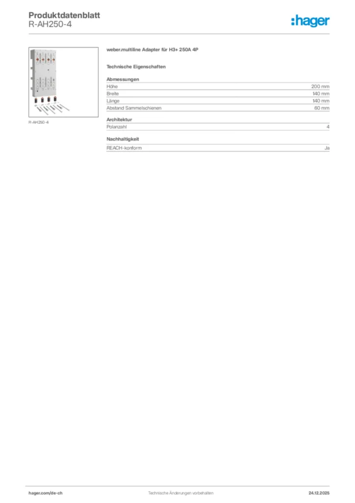 Bild Hager Produktdatenblatt R-AH250-4 | Hager Schweiz