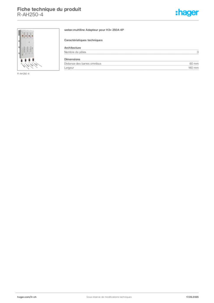 Image Hager Fiche technique du produit R-AH250-4 | Hager Suisse