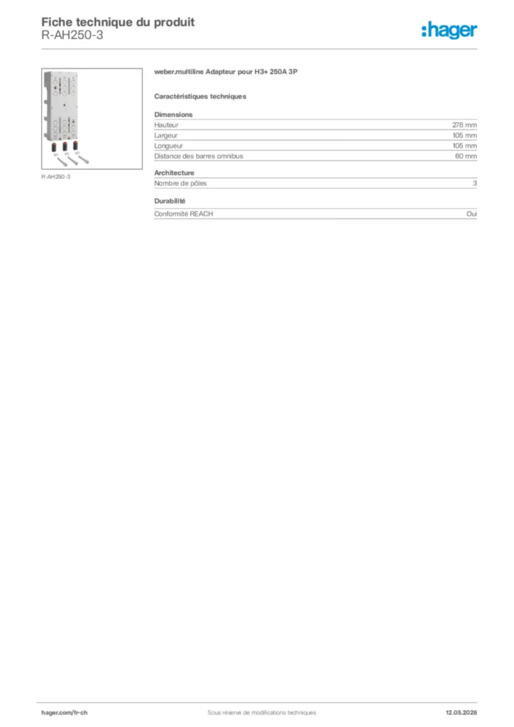 Image Hager Fiche technique du produit R-AH250-3 | Hager Suisse