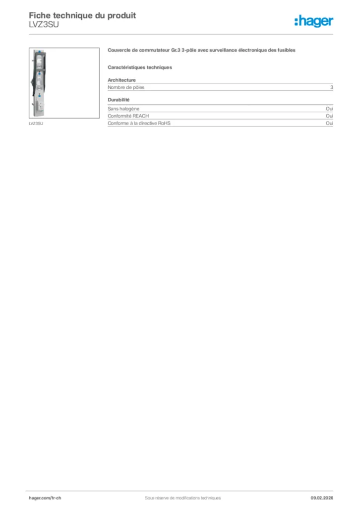 Image Hager Fiche technique du produit LVZ3SU | Hager Suisse