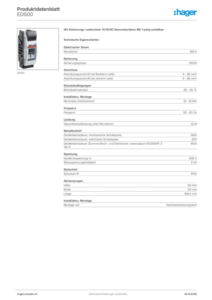 Bild Hager Produktdatenblatt EDS00 | Hager Schweiz